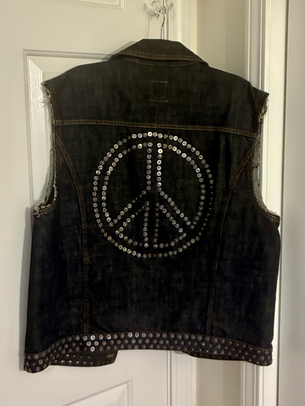 Moschino Studded Denim Vest with Peace Emblem